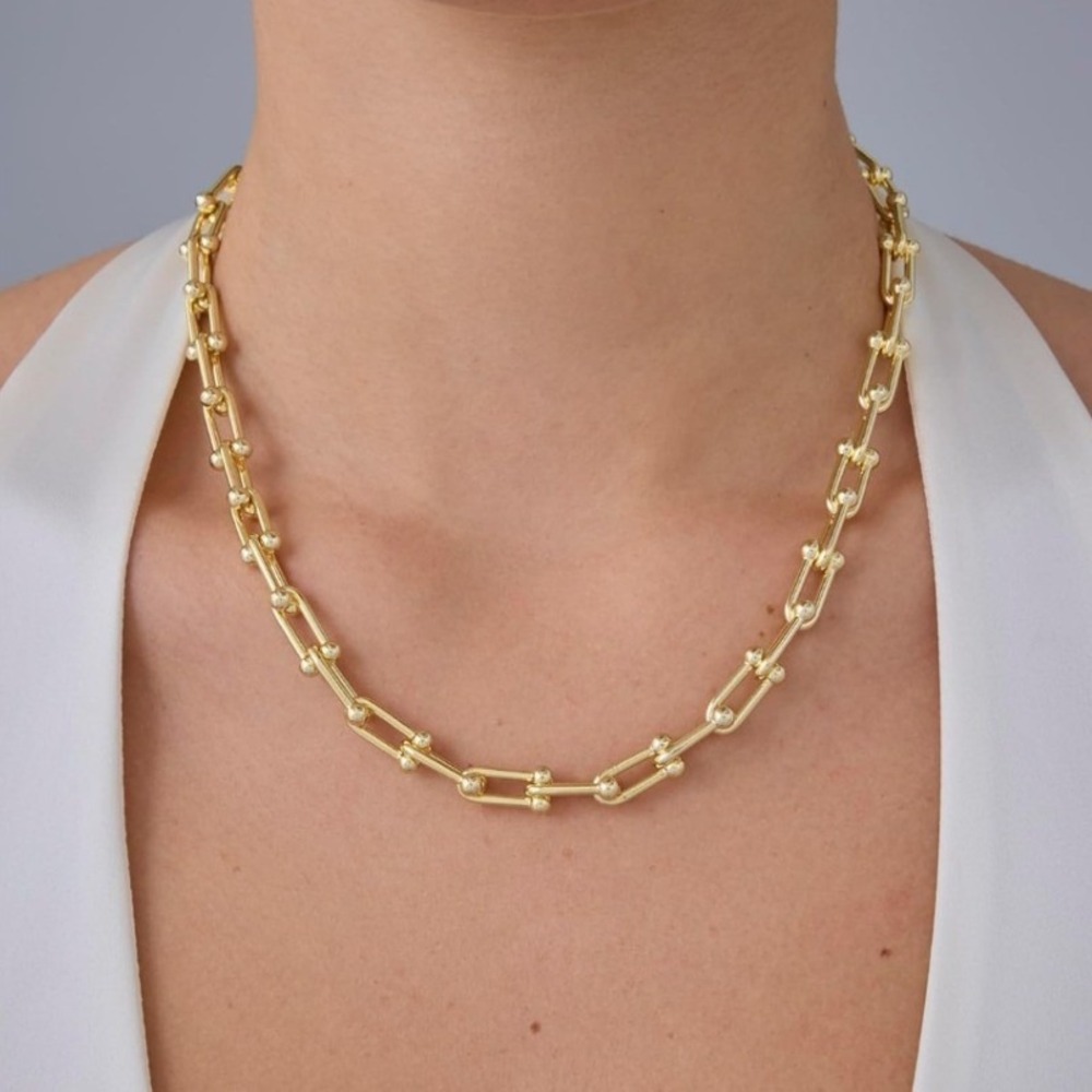 Gold U-Link Chain Necklace Adjustable Horseshoe Link Industrial Style 18-21 Inch